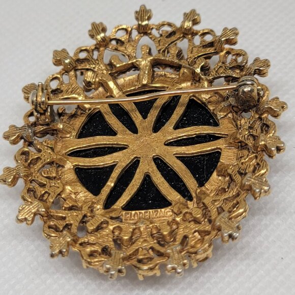 Florenza Gold Black Brooch Glass Round Pin Black Rhinestones OS Vintage - Picture 4 of 11
